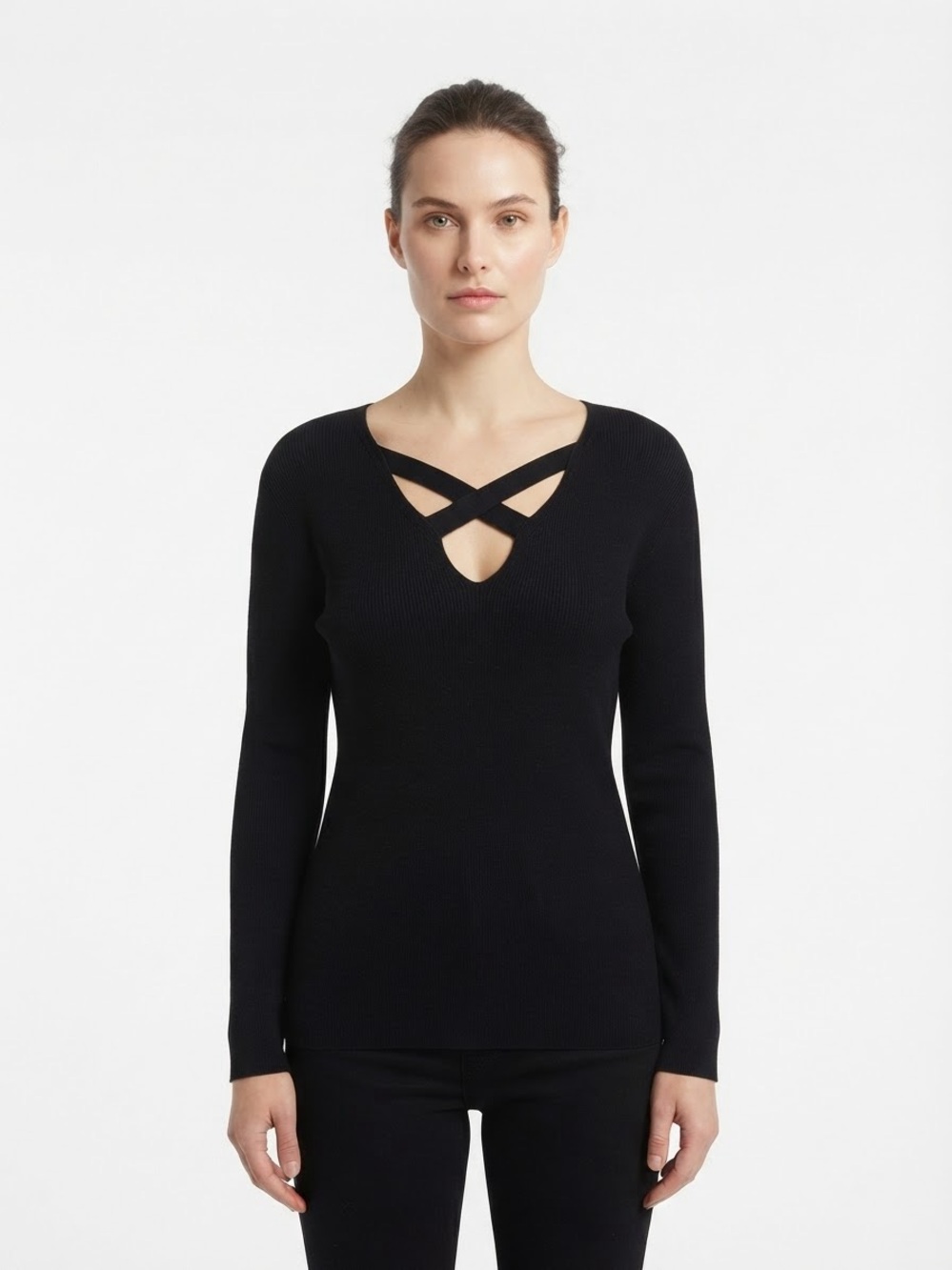 C+D+M Collection Black Crisscross V-Neck Long Sleeve Ribbed Sweater Top Sz Large